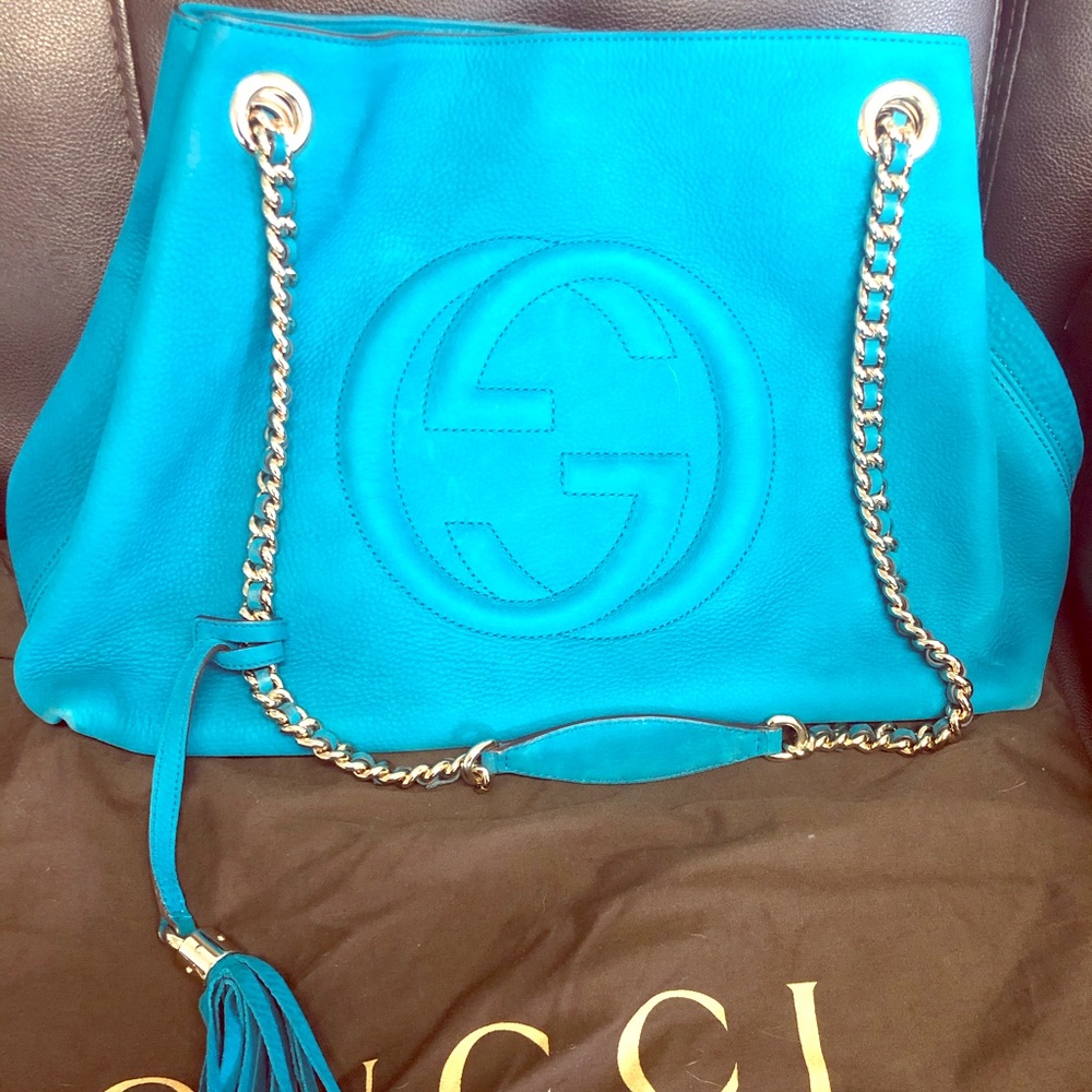 Gucci Turquoise Leather Shoulder Bag with Gold Chain